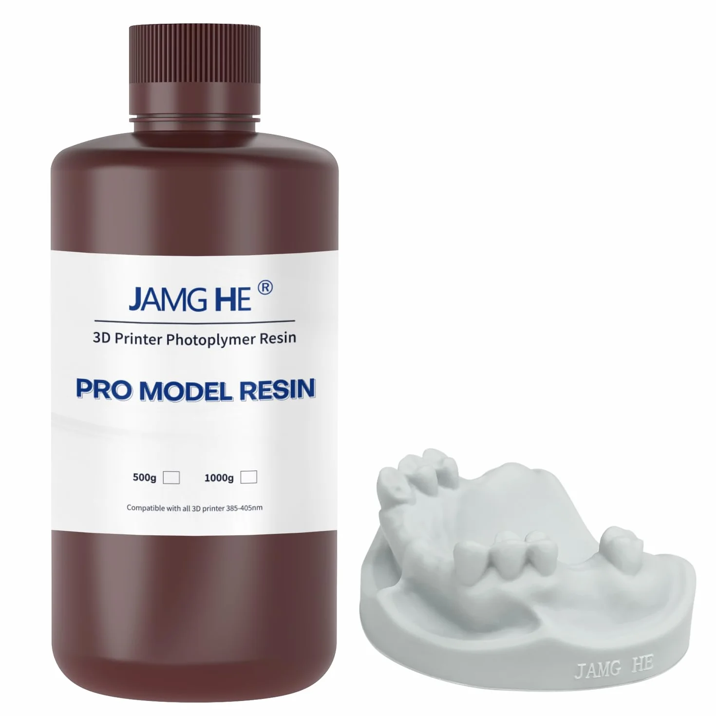 JAMG HE Żywica do drukarki 3D Dental Pro, model z żywicą tyczną, modelem korony i mostka, modelem ortodontycznym, modelem implantu itp. (Water Washable, Light Grey, 500g)